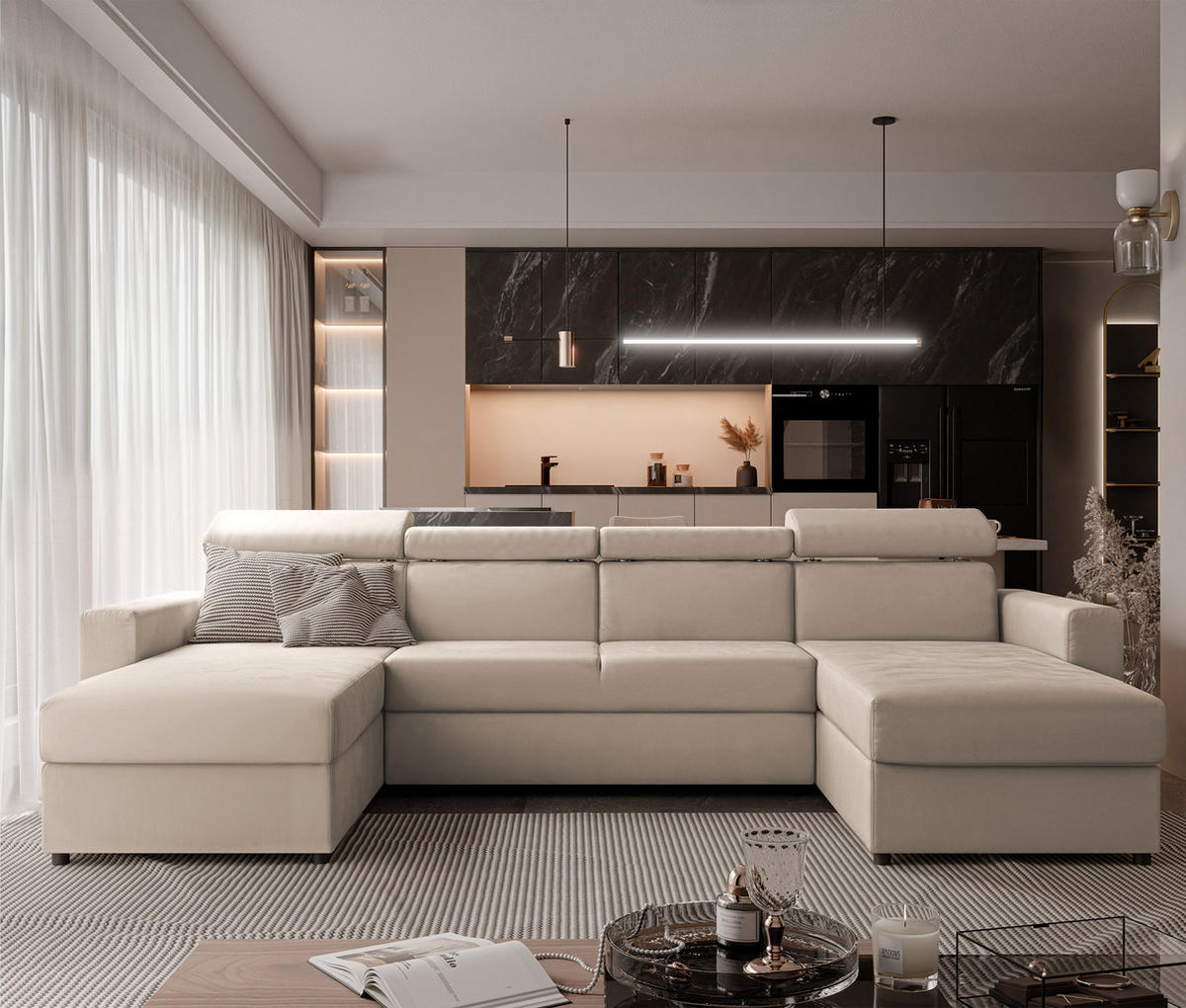 WOHNLANDSCHAFT BENI U II mit verstellbaren Kopfstützen und Schlaffunktion, Farbe: Beige - Beige/Schwarz, Kunststoff/Textil (302/60/166cm) - Idohome