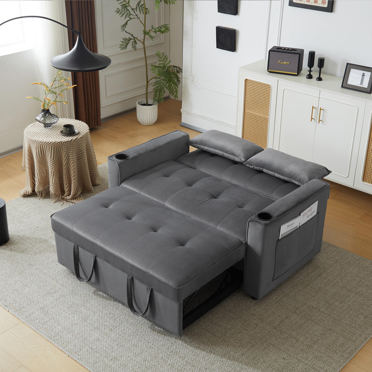 KLAPPSOFA Multifunktion mit Getränkehalter & Kissen Schlaffunktion Grau - Grau, Holz (110/25/68cm) - FLIEKS