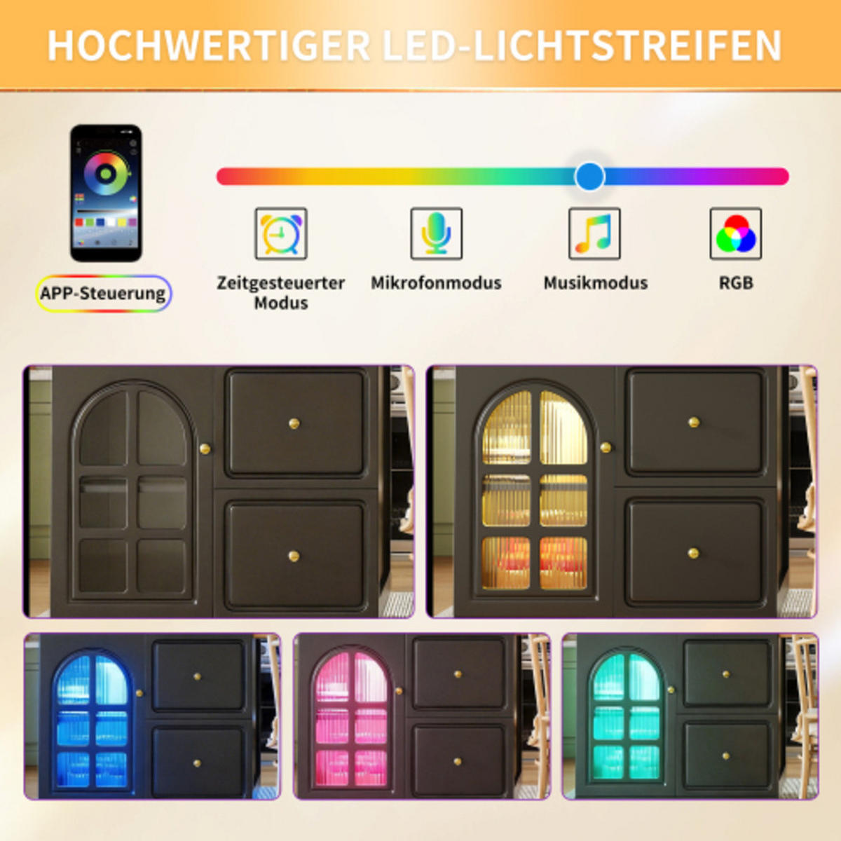 KÜCHENINSEL 122,5-195,5x59x93,5 cm aus MDF mit ausziehbarer Tischplatte, RGB-LED-Leiste, Glastür und goldenen Metallbeschlägen, schwarz - Schwarz, Holzwerkstoff (195.5/93.5/59cm) - Luhomfu