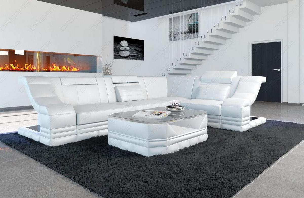 COUCH Bianchi Weiß Büffelleder - Weiß, Leder (271/196cm)