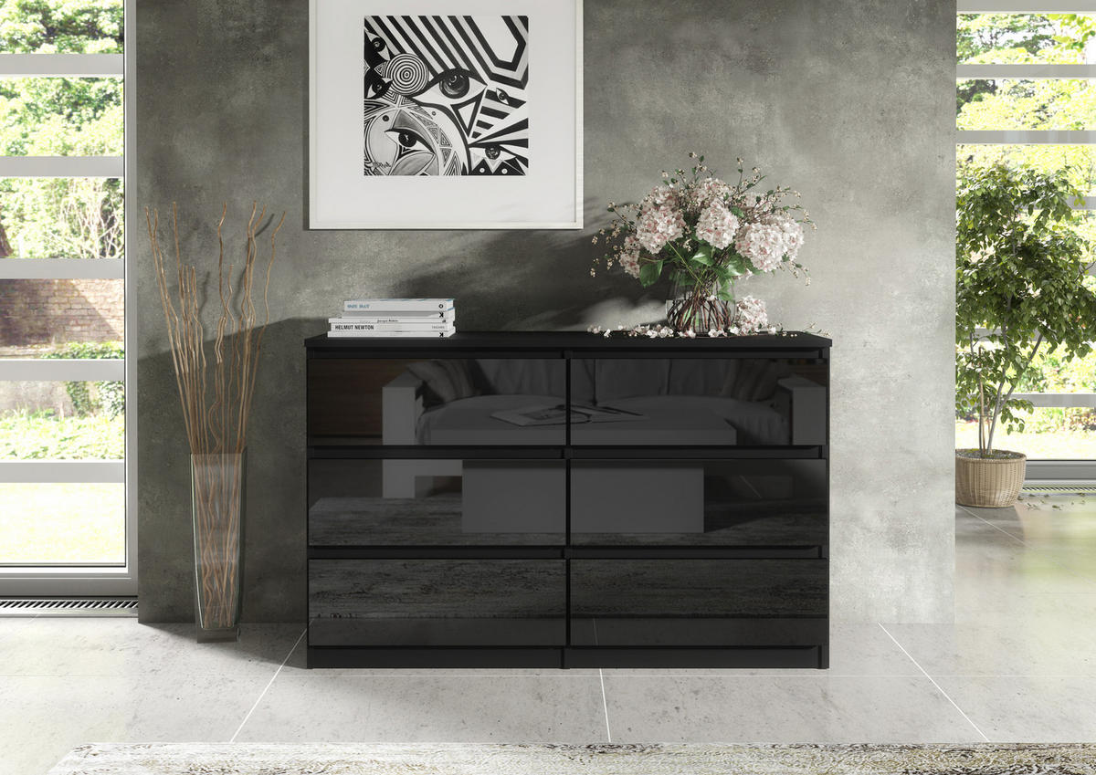 KOMMODE NUDO 120/78,5/39cm mit 6 Schubladen Türen Schwarz - Schwarz Hochglanz/Schwarz, Holzwerkstoff (120/78.5/39cm) - MASSENO