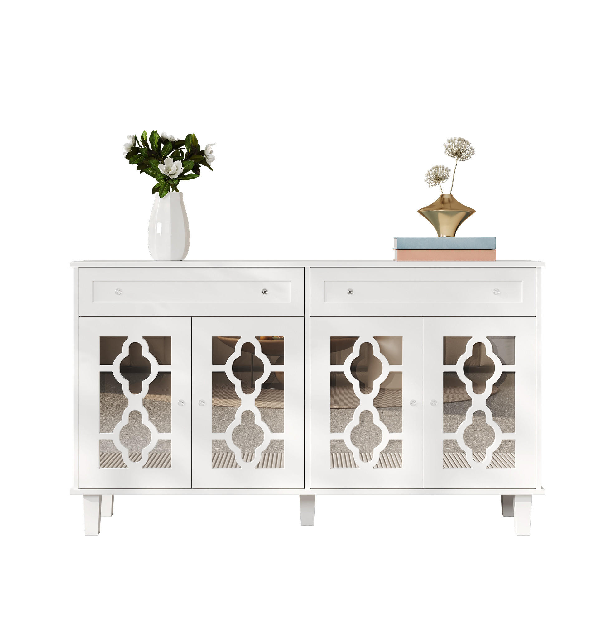 OKWISH BOČNÍ skříň 140/40/83 cm bílá z MDF se čtyřmi zrcadlovými dvířky a zásuvkami