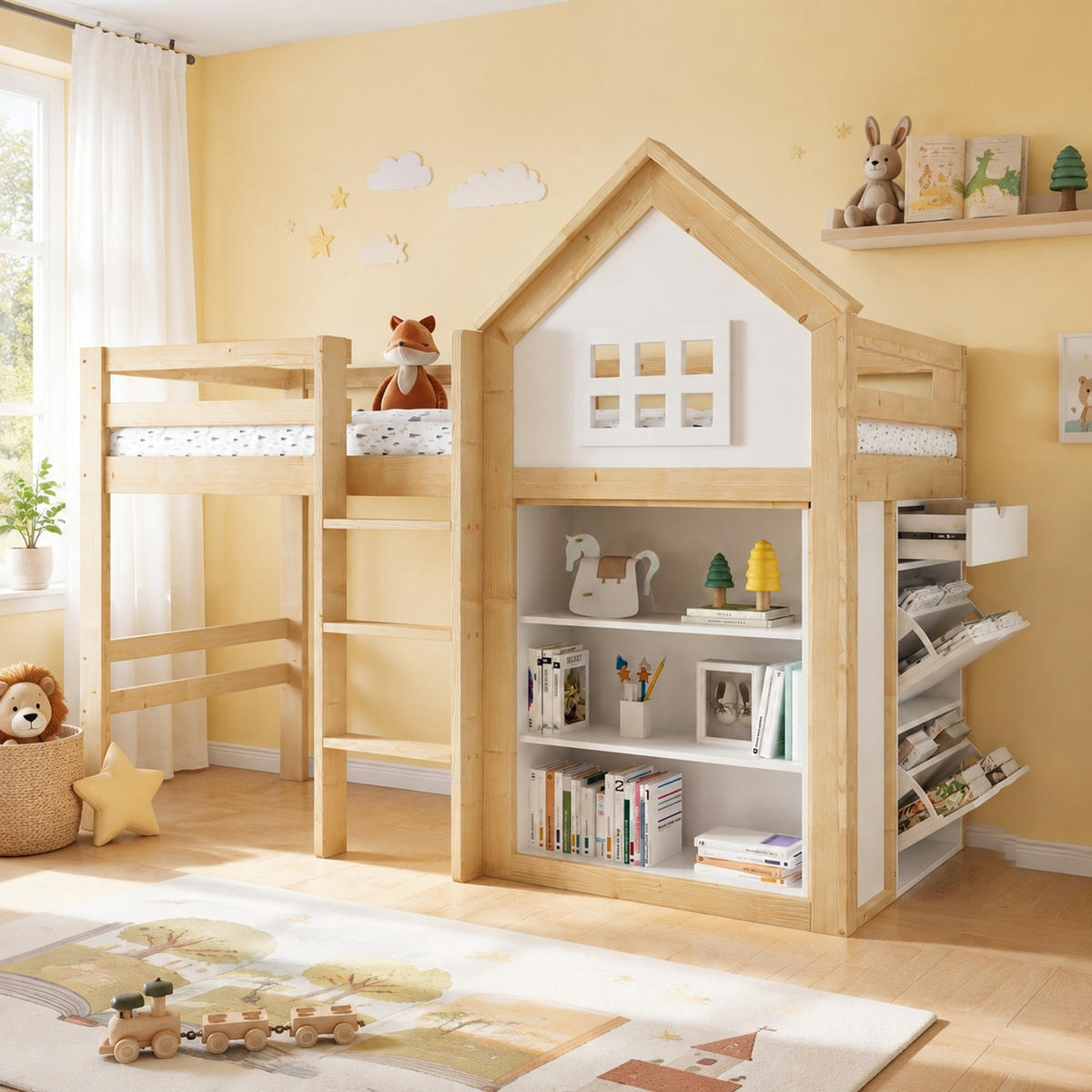 HOCHBETT 90/200 mit Staufächern, Schubladen und Sicherheitsgeländer in Weiß und Natur - Weiß/Naturfarben, Holzwerkstoff (90/200cm) - EVRYAE