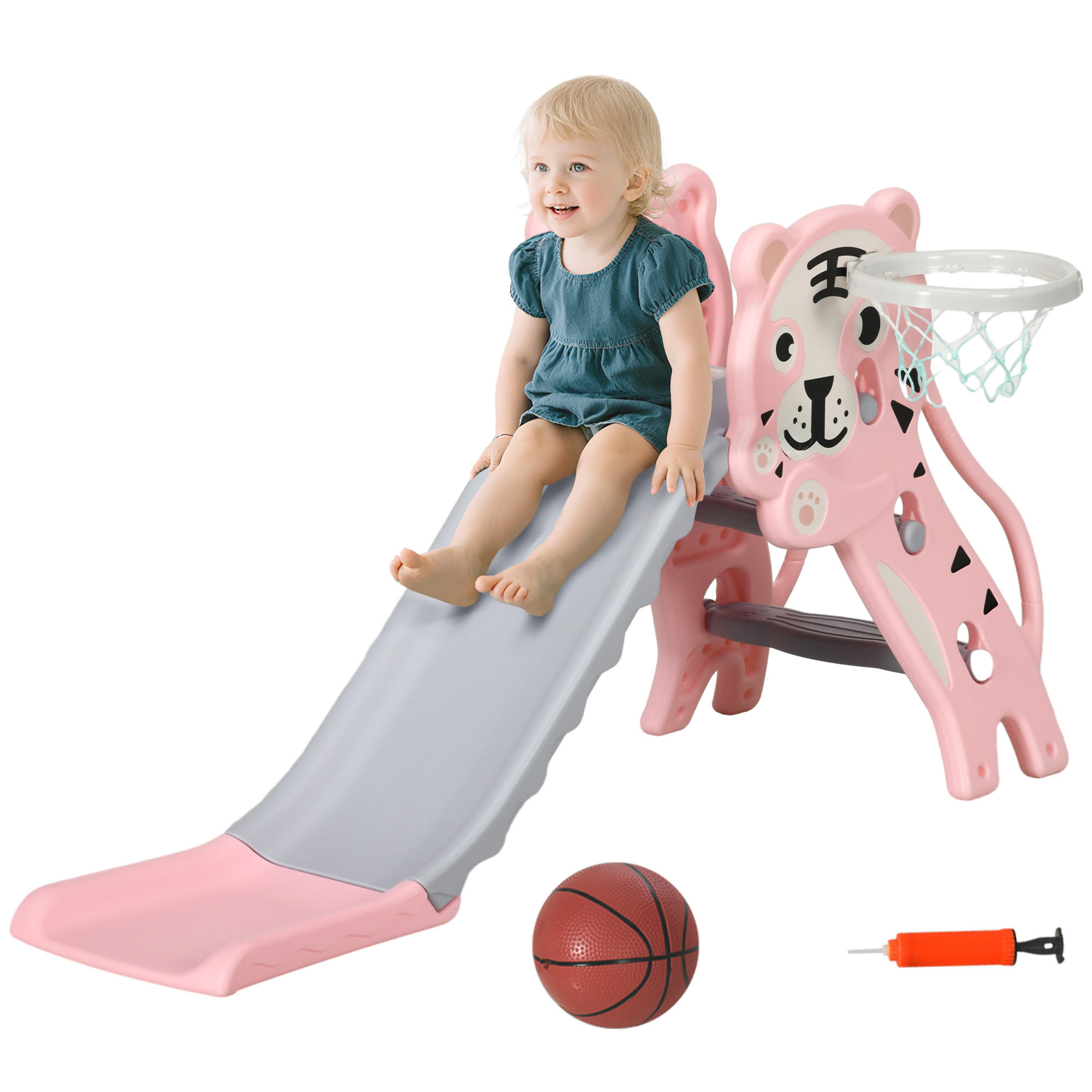 KINDERRUTSCHE DE-17985 3-in-1 mit Basketballkorb & Tigermotiv Rosa - Pink, Kunststoff (60/70/133cm) - ComfortXL