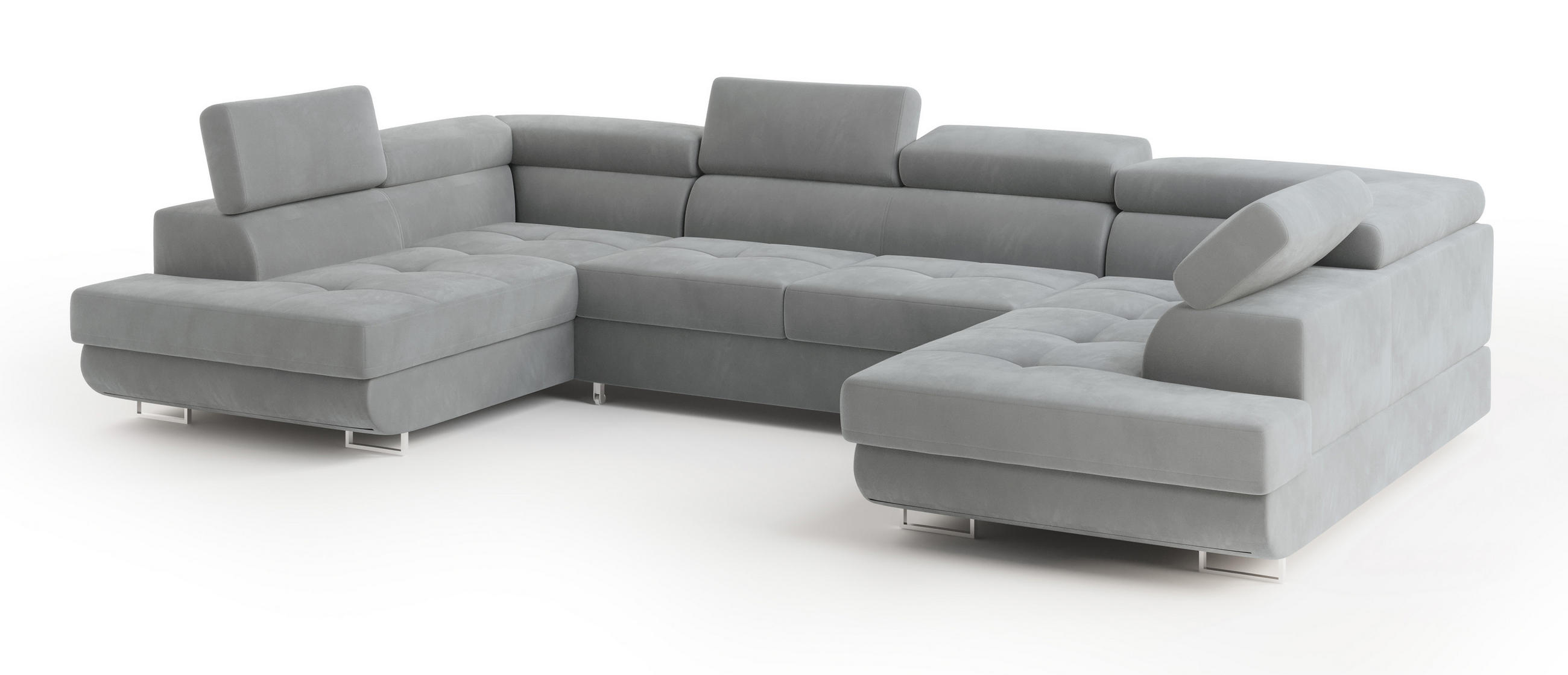 WOHNLANDSCHAFT RAGGIO Hellgrau Velours-Stoff mit Schlaffunktion - Hellgrau, Holz (336/90/202cm) - MASSENO