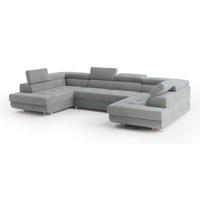 WOHNLANDSCHAFT RAGGIO Hellgrau Velours-Stoff mit Schlaffunktion - Hellgrau, Holz (336/90/202cm) - MASSENO