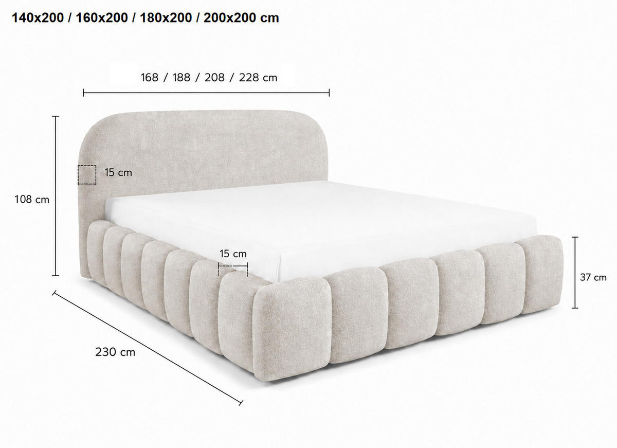 POLSTERBETT 140x200 Noemi, runde Kopfteil, Bettkasten, Samtstoff, Hellgrau - Hellgrau, Holz/Textil (140/200cm) - Emporius