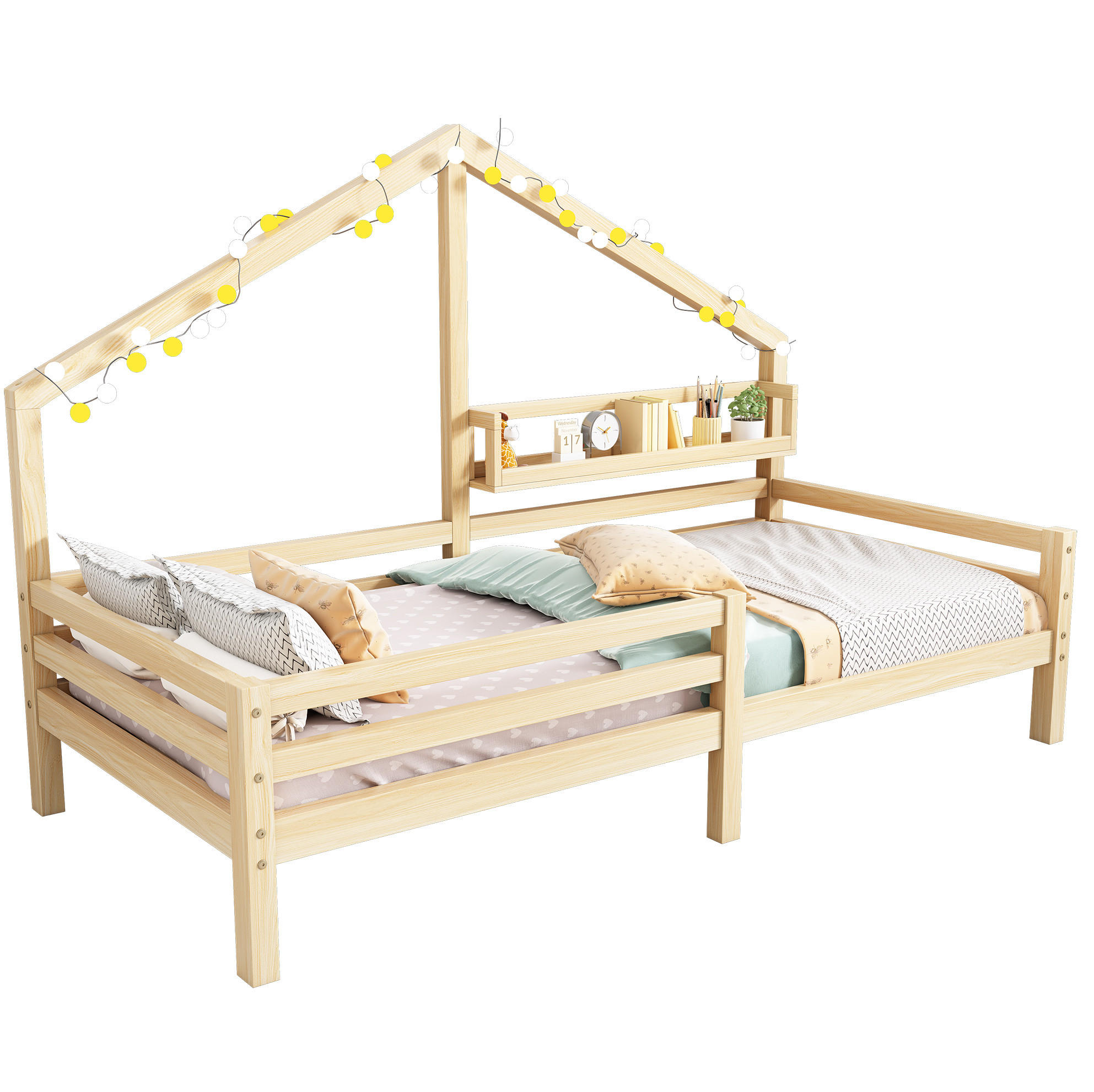 HAUSBETT 90/200 cm aus Kiefernholz in Natur – mit Ablageregal und Rausfallschutz - Naturfarben, Holzwerkstoff (90/200cm) - BEAOK