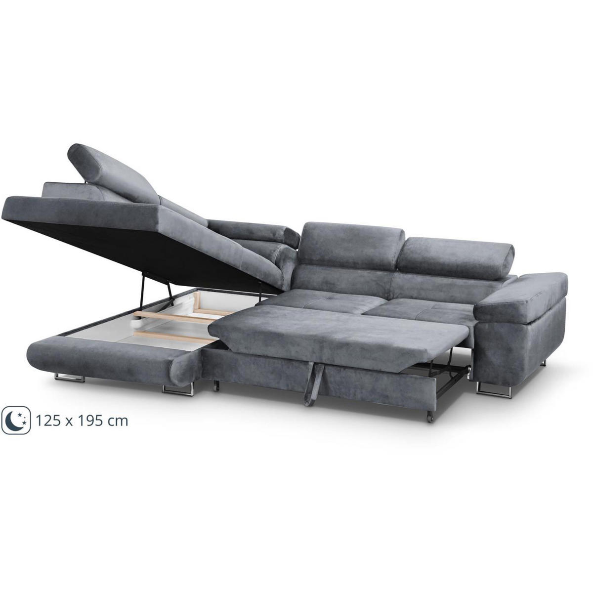 ECKSCHLAFSOFA Vild verstellbaren Kopfstützen, Hellgrau, links - Chromfarben/Hellgrau, Textil (275/203cm) - Beautysofa