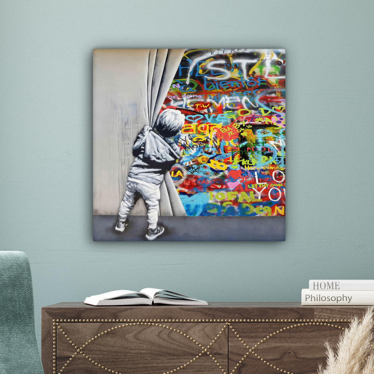 LEINWANDBILD Graffiti - Junge - Ilussie - Straßenkunst Wandbild Wohnzimmer 50x50 cm - Hellgrau, Textil (50/50cm) - MuchoWow