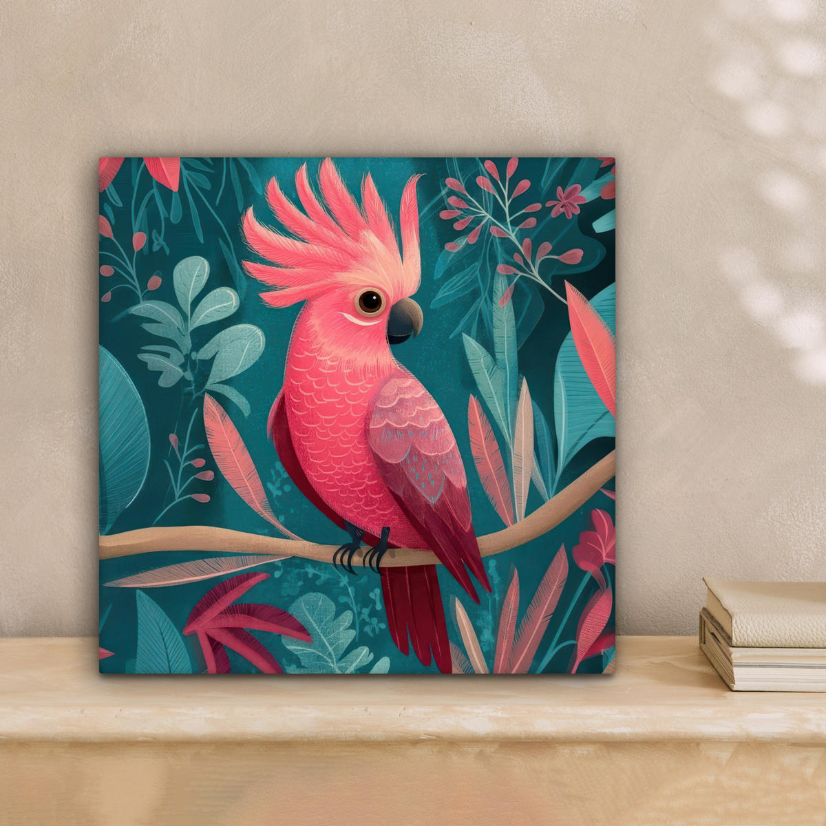 LEINWANDBILD Kakadu - Tropische Blätter - Zweig Deko Wohnzimmer 20x20 cm - Petrol, Textil (20/20cm) - MuchoWow