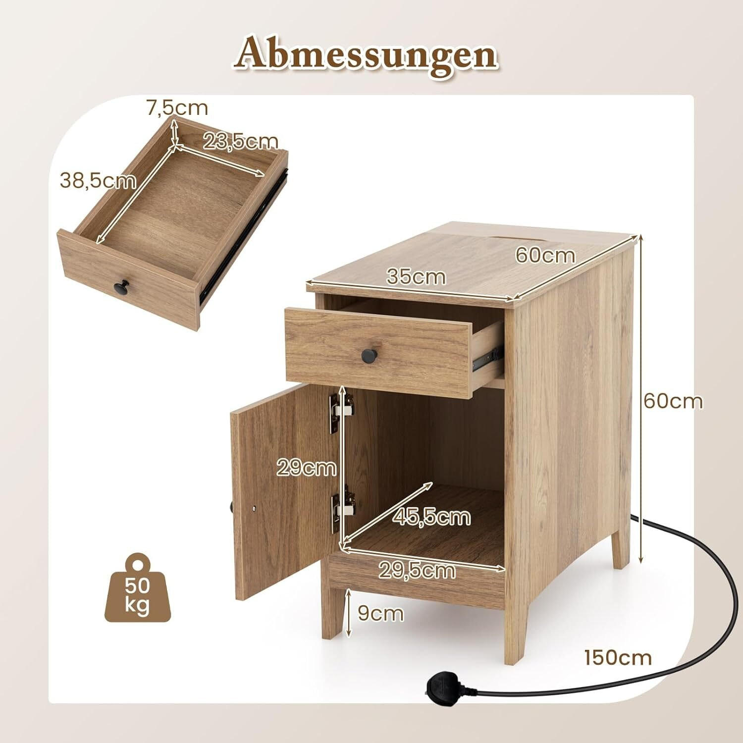 BEISTELLTISCH 60cm Natur - Naturfarben, Holz (60/35/60cm) - COSTWAY