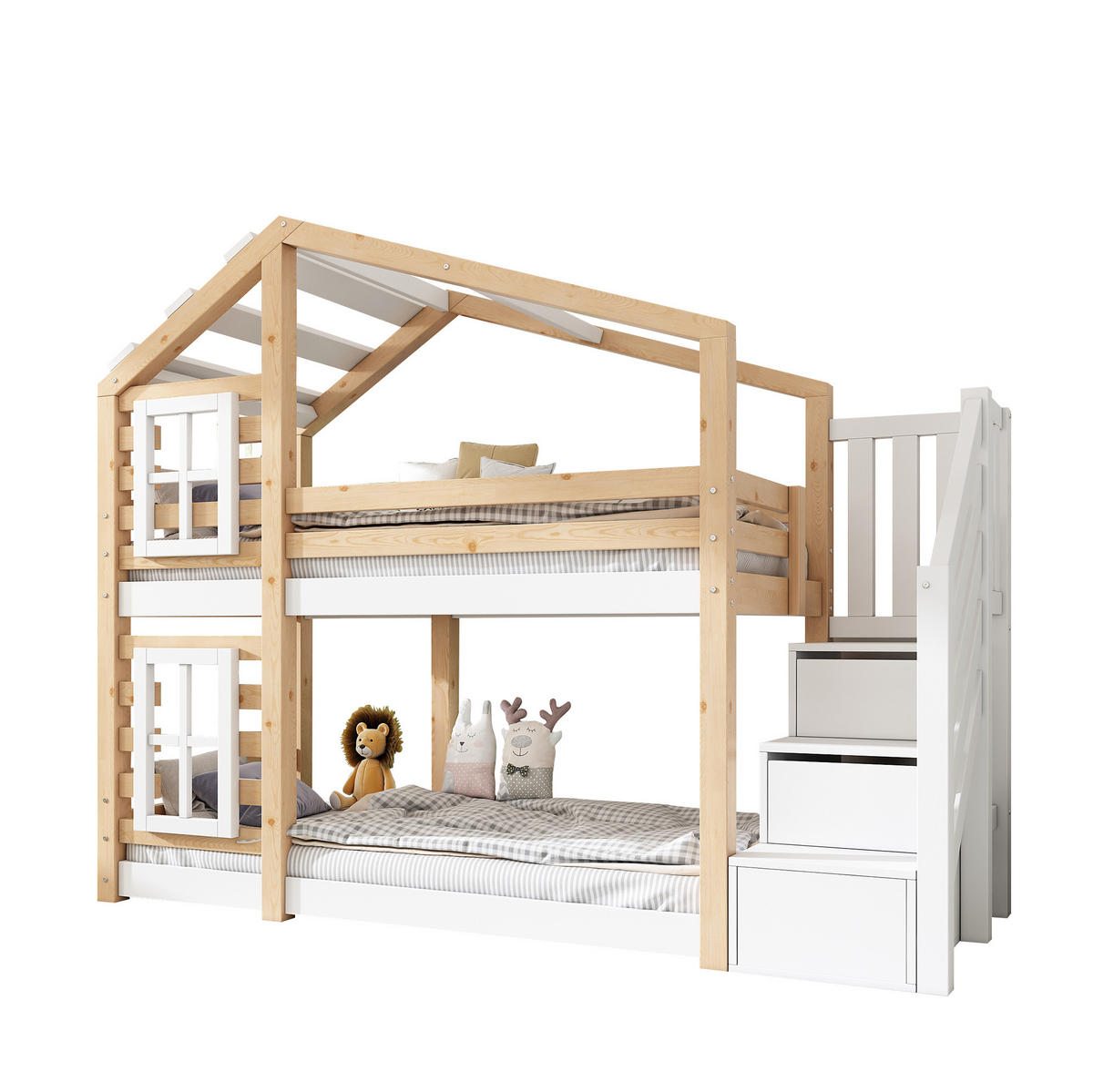 KREVET na kat 90/200 cm prirodna i bijela od masivnog drva i MDF-a sa spremištem - prirodne boje, drvni materijal (90/200cm) - OKWISH