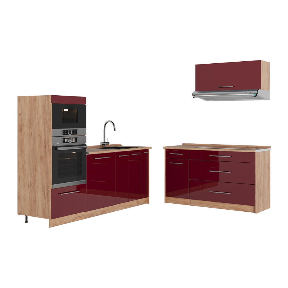 KÜCHENZEILE Fame-Line, Bordeaux Hochglanz/Goldkraft Eiche, 340 cm, AP Eiche - Honigeiche/Bordeaux, Holzwerkstoff (340/153.6/60cm) - Vicco
