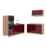 KÜCHENZEILE Fame-Line, Bordeaux Hochglanz/Goldkraft Eiche, 340 cm, AP Eiche - Honigeiche/Bordeaux, Holzwerkstoff (340/153.6/60cm) - Vicco