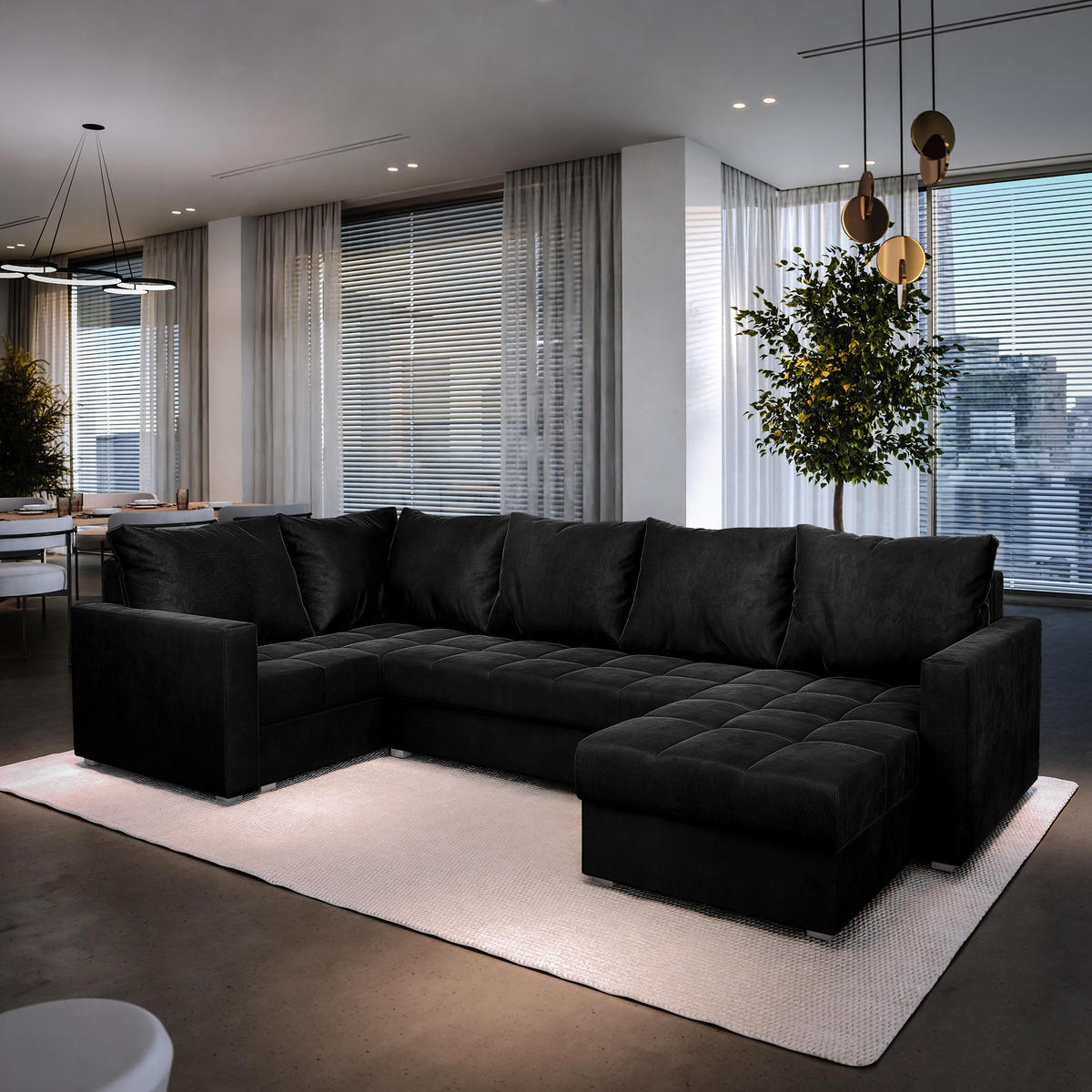 WOHNLANDSCHAFT LORIVO L-S Schwarz Plüsch-Stoff mit Schlaffunktion - Schwarz, Holz (285/85/150cm) - MASSENO