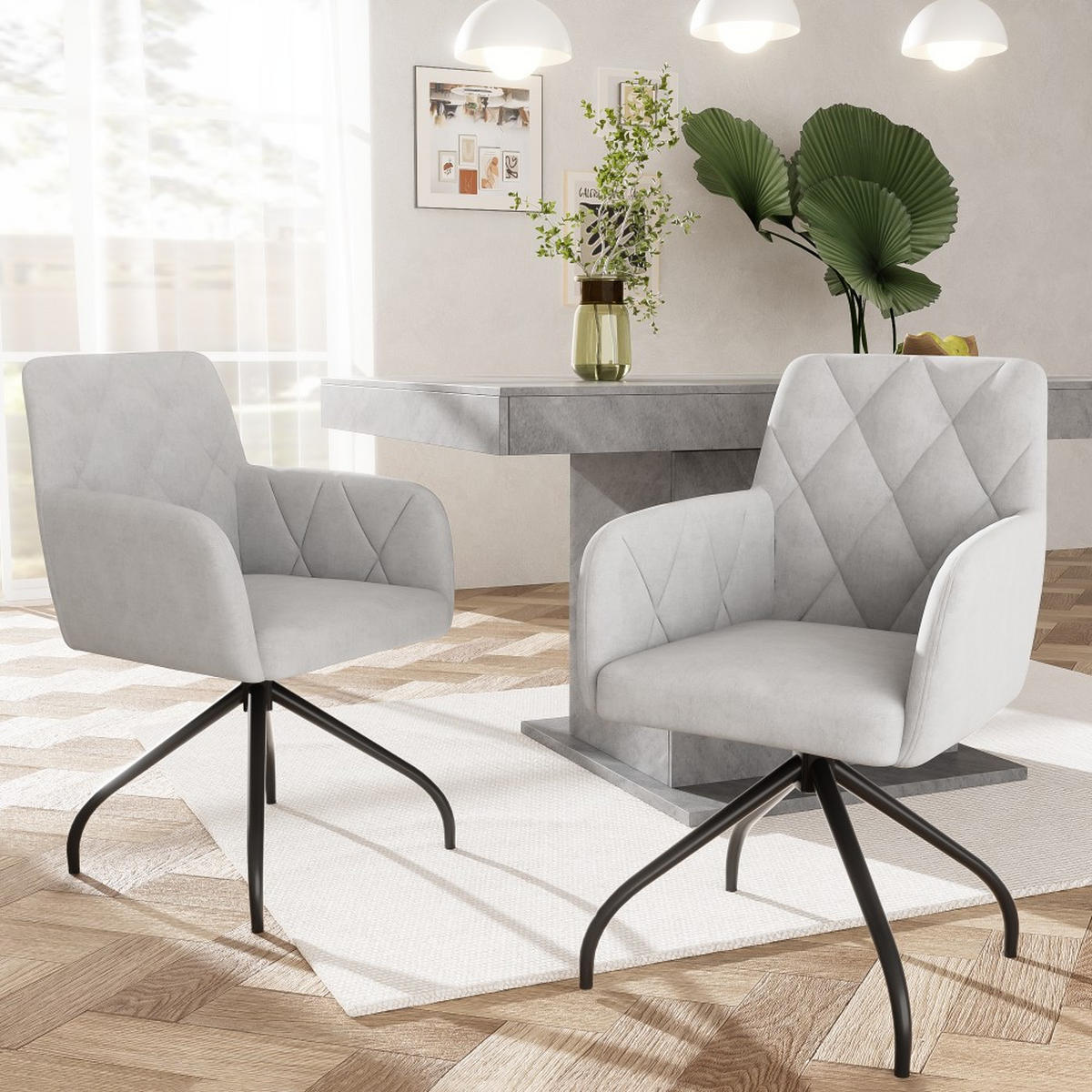 STUHL SET 4 Stück 360° Drehbarer mit Rautenmuster in Grau - Grau, Textil (54/85/60cm) - KOMHTOM