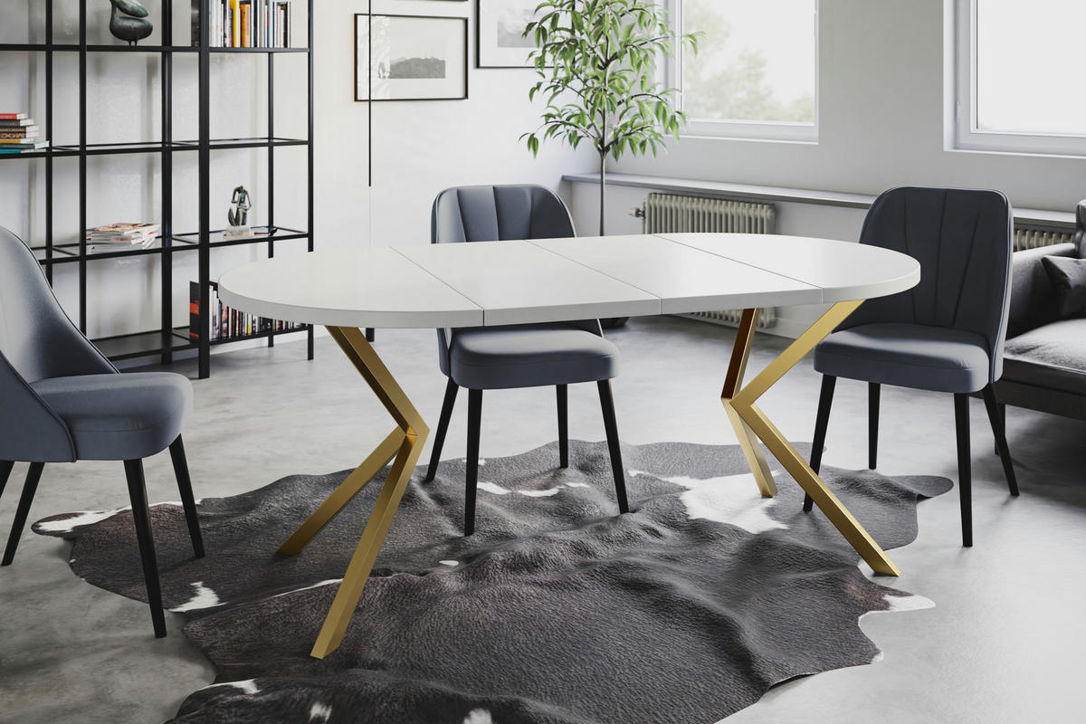 ESSZIMMERTISCH LOFT LITEN, ausziehbarer Tisch 120 cm/200 cm, Farbe: Weiß, mit Metallbeinen in Farbe Gold - Goldfarben/Weiß, Holzwerkstoff (120/120/76cm) - Alpi-Möbel