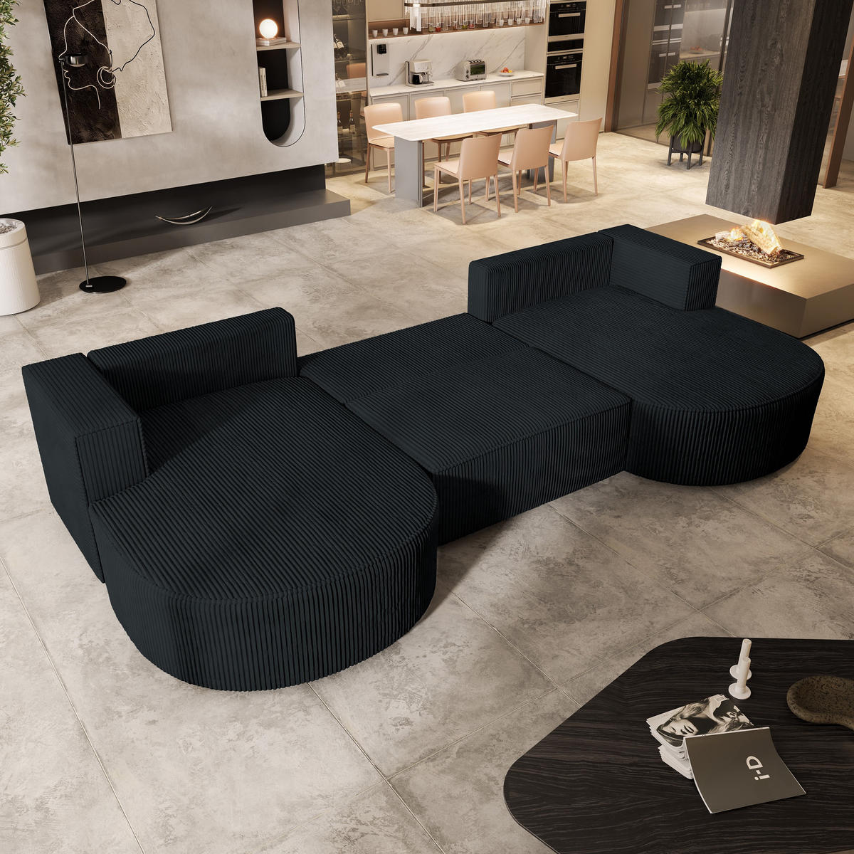 WOHNLANDSCHAFT VEZZO P Schwarz Kordstoff mit Schlaffunktion - Schwarz, Holz (347/85/174cm) - MASSENO