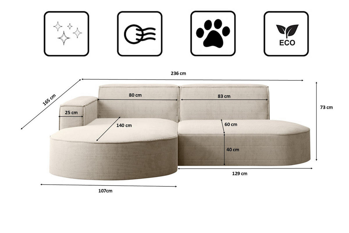 ECKSOFA Modena Studio, Cord Stoff Beige Links - Beige, Holzwerkstoff/Textil (165/236cm) - Kaiser Möbel