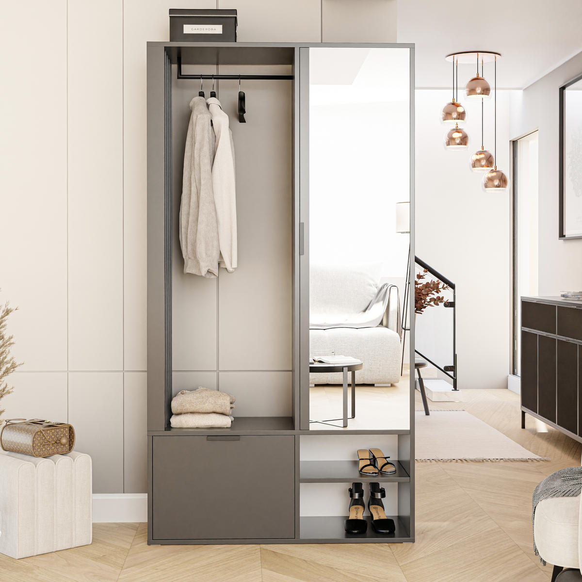 GARDEROBENSCHRANK mit Spiegel-mit Ablagen und Kleiderstange - Grau, Holzwerkstoff (100/190/33cm) - Idohome