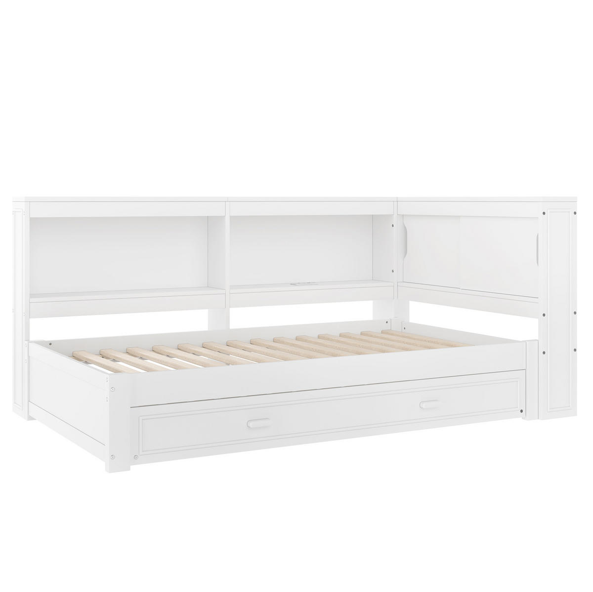 TAGESBETT 90/200 cm mit Ausziehbett, LED-Beleuchtung, USB, Typ-C und Steckdose, Kiefern , Weiß - Weiß, Holzwerkstoff (90/200cm) - Redom