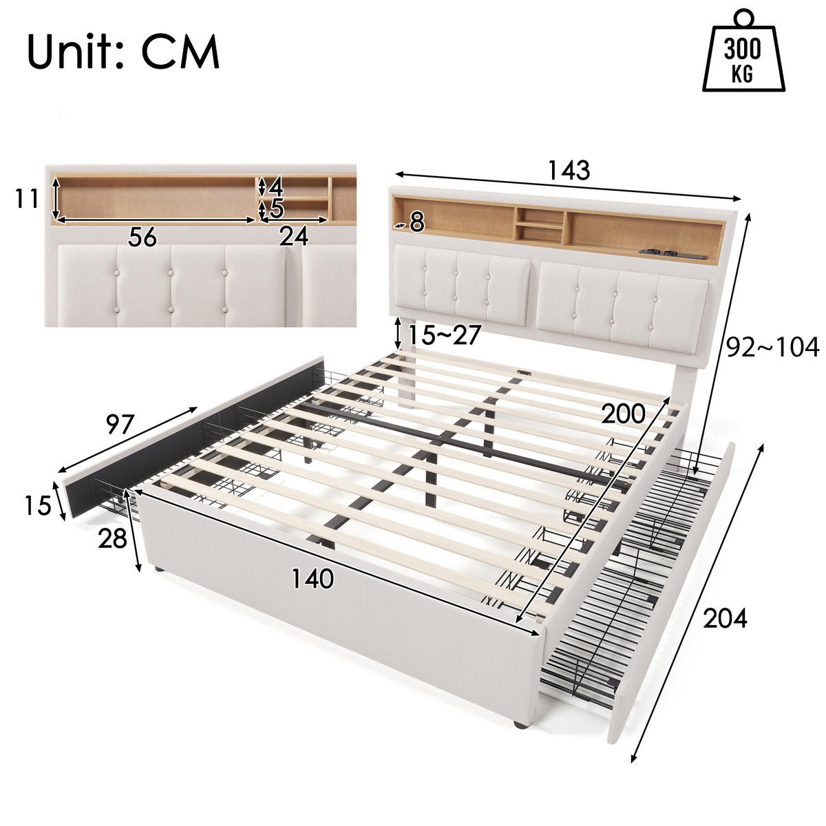 POLSTERBETT 140/200 cm mit USB-C, Steckdosen und 4 Schubladen in Beige - Beige, Textil (140/200cm) - BEAOK