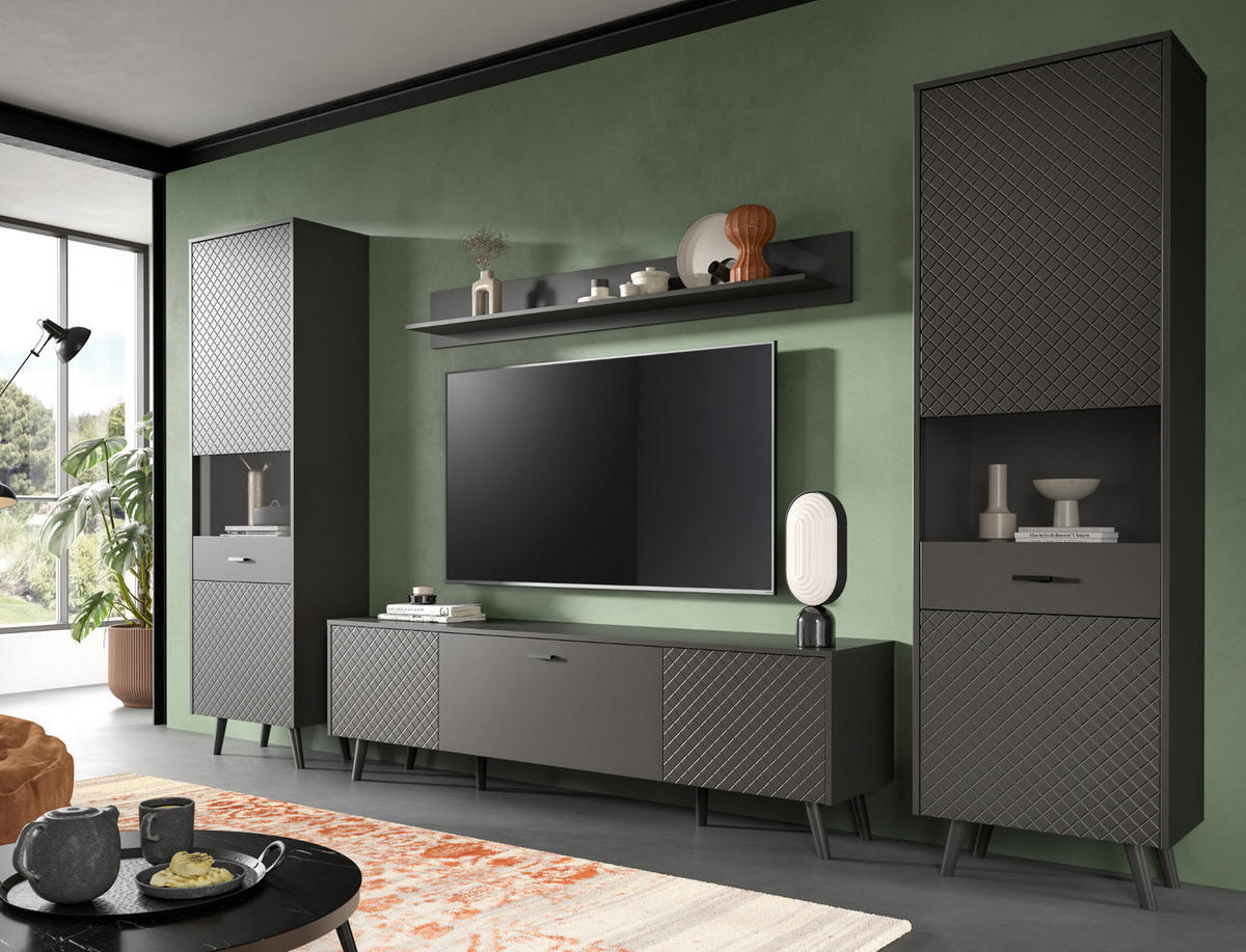 WOHNWAND grau matt 4-teilig 331 cm, Schrankwand mit Struktur - Schwarz/Grau, Glas/Holzwerkstoff (331/195/40cm) - Inn.Furn