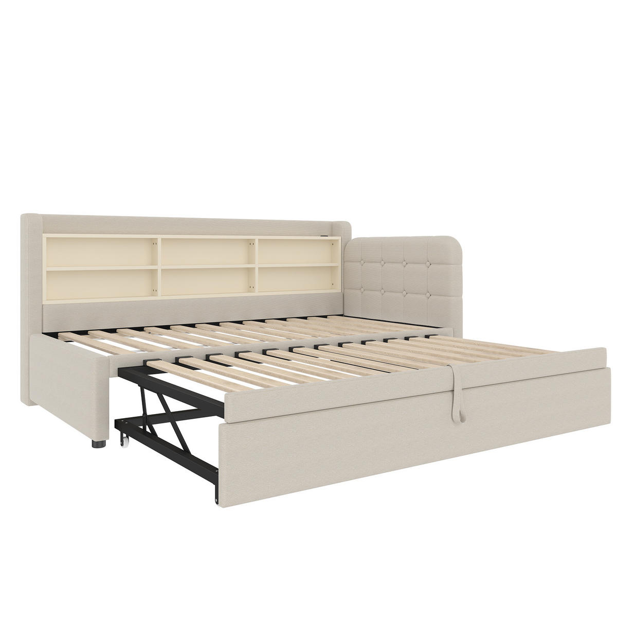 DENNÍ postel 90/200 cm béžová z lnu a MDF s výsuvným lůžkem, USB a úložnými policemi - béžová, textil (90/200cm) - OKWISH