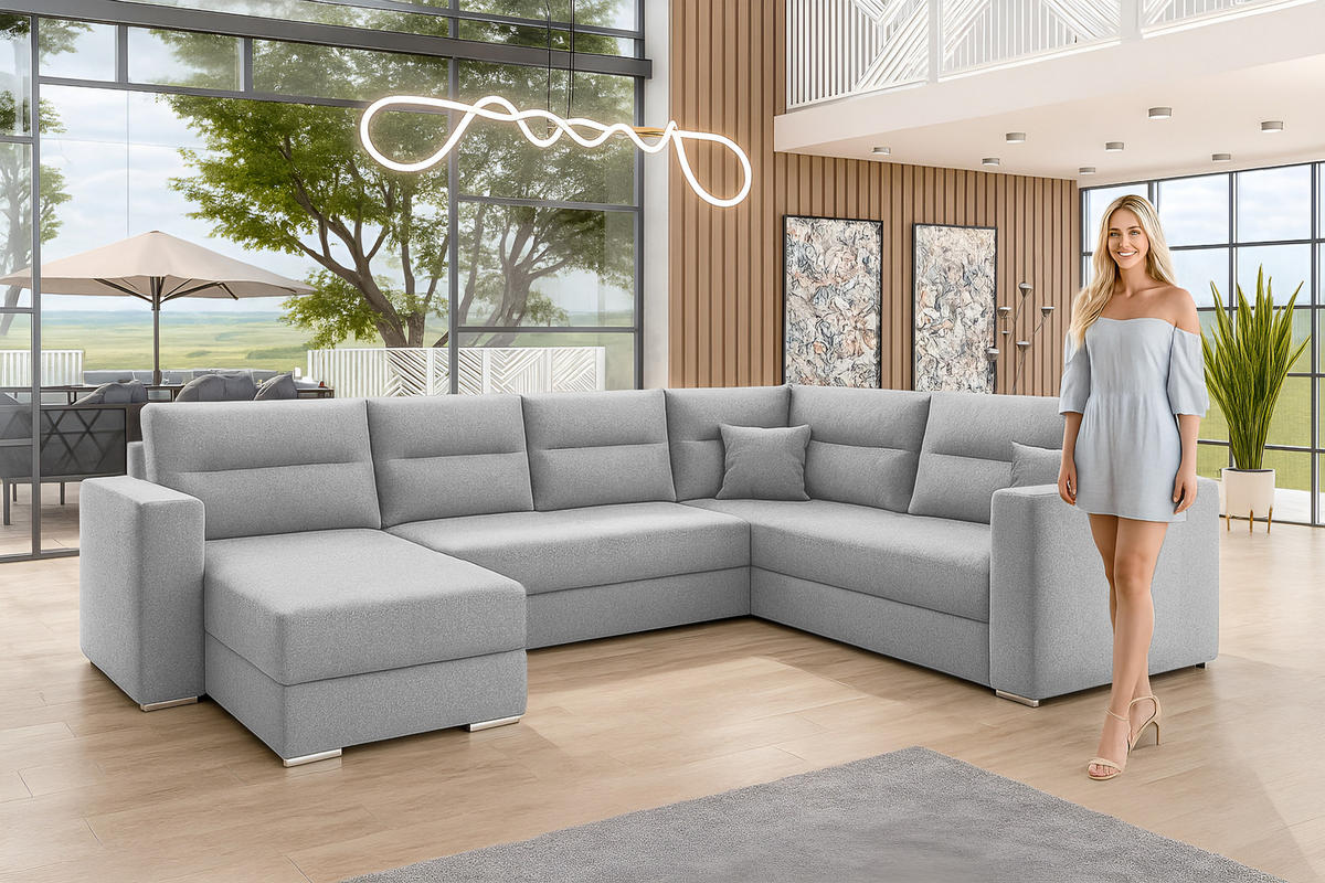 WOHNLANDSCHAFT Lovere Grau 314/217/90 cm mit Bettkasten Schlaffunktion Komfort - Schwarz/Grau, Kunststoff/Textil (314/90/217cm) - AX Living
