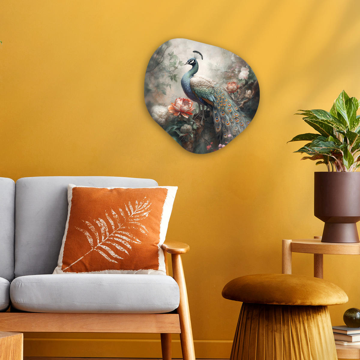 WANDBILD Pfau - Pfauenfedern - Vogel - Dschungel - Blumen 40x40 cm - Smaragdgrün, Kunststoff (40/40cm) - MuchoWow