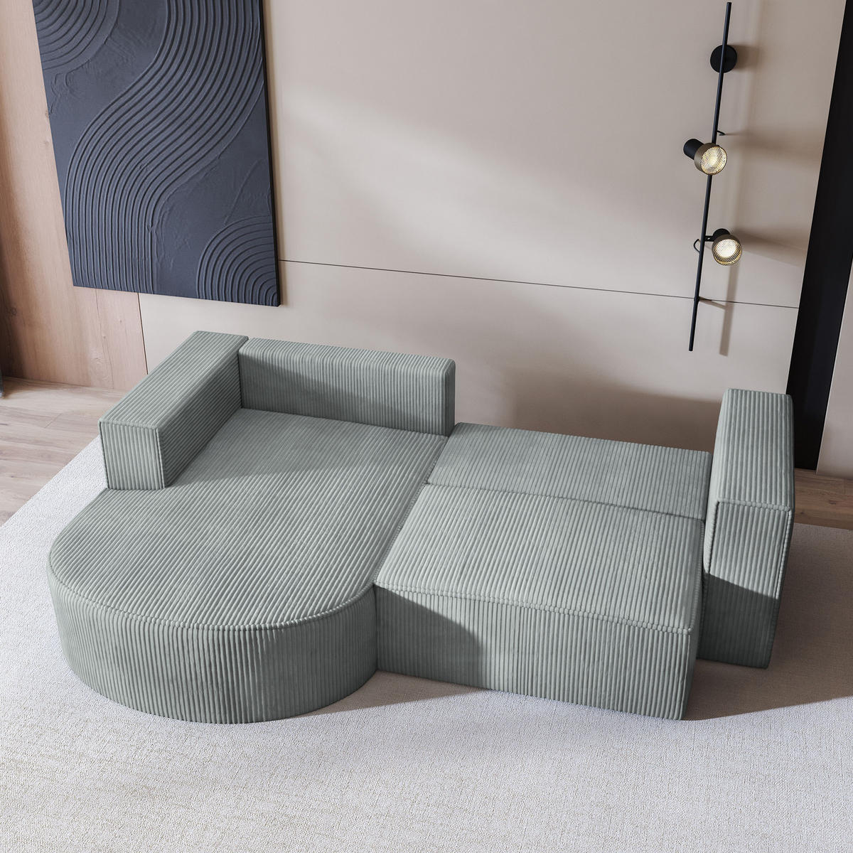 ECKSOFA SORELA P L-S Hellgrau Kordstoff mit Schlaffunktion - Hellgrau, Holz (263/174cm) - MASSENO