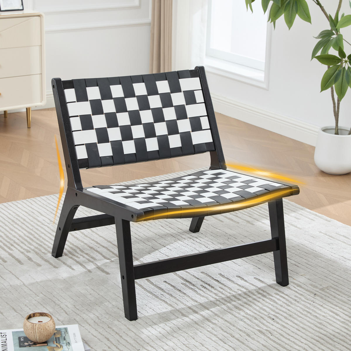 RELAXSESSEL mit Holzgestell, Kunstleder Flechtwerk, Breite Sitzfläche, Schwarz - Schwarz/Weiß, Holz (66/72/71cm) - LVHOM