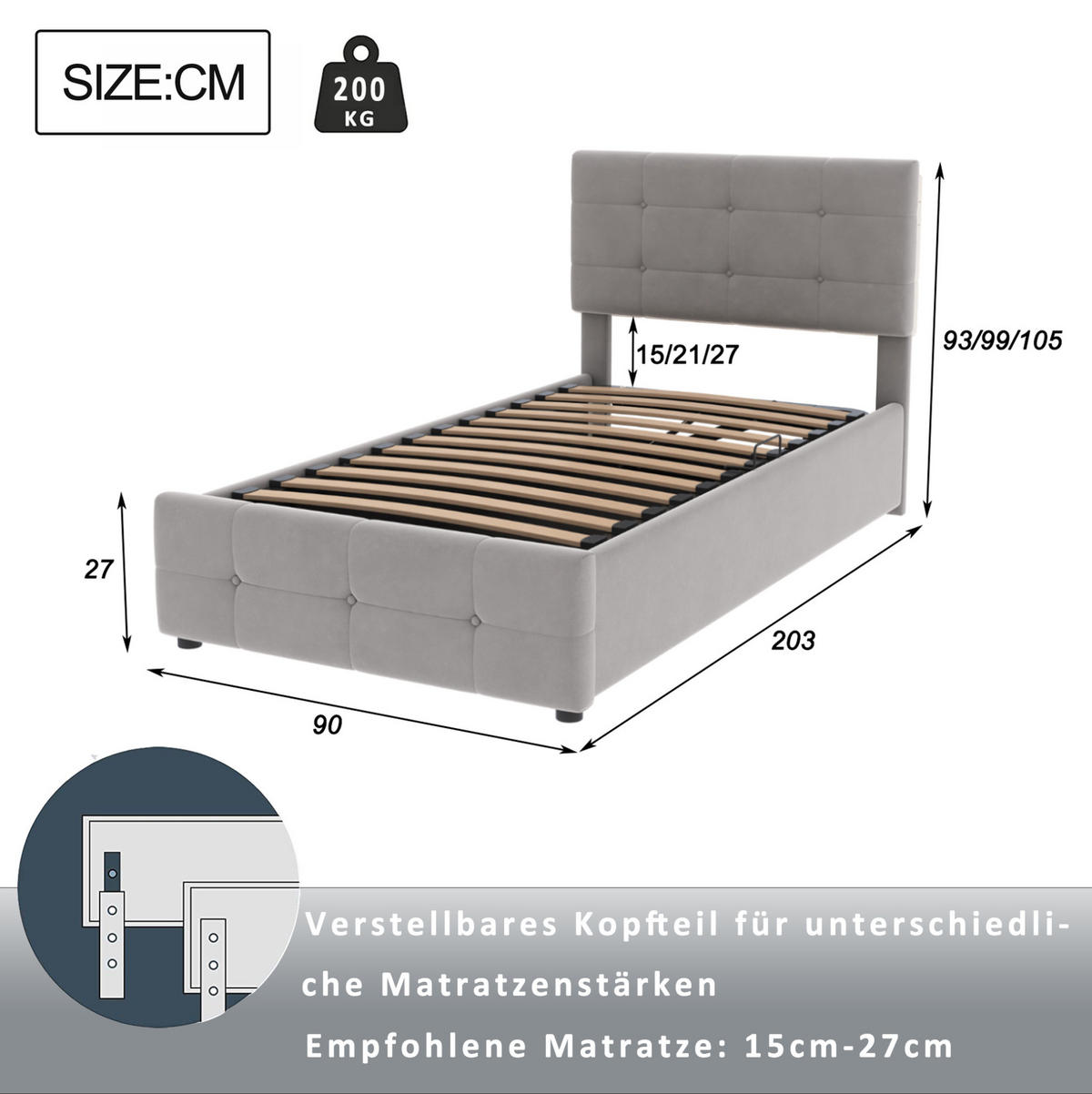 KINDERBETT 90/200 cm in Grau mit Stauraum und höhenverstellbarem Kopfteil - Grau, Textil (90/200cm) - Flora Grace