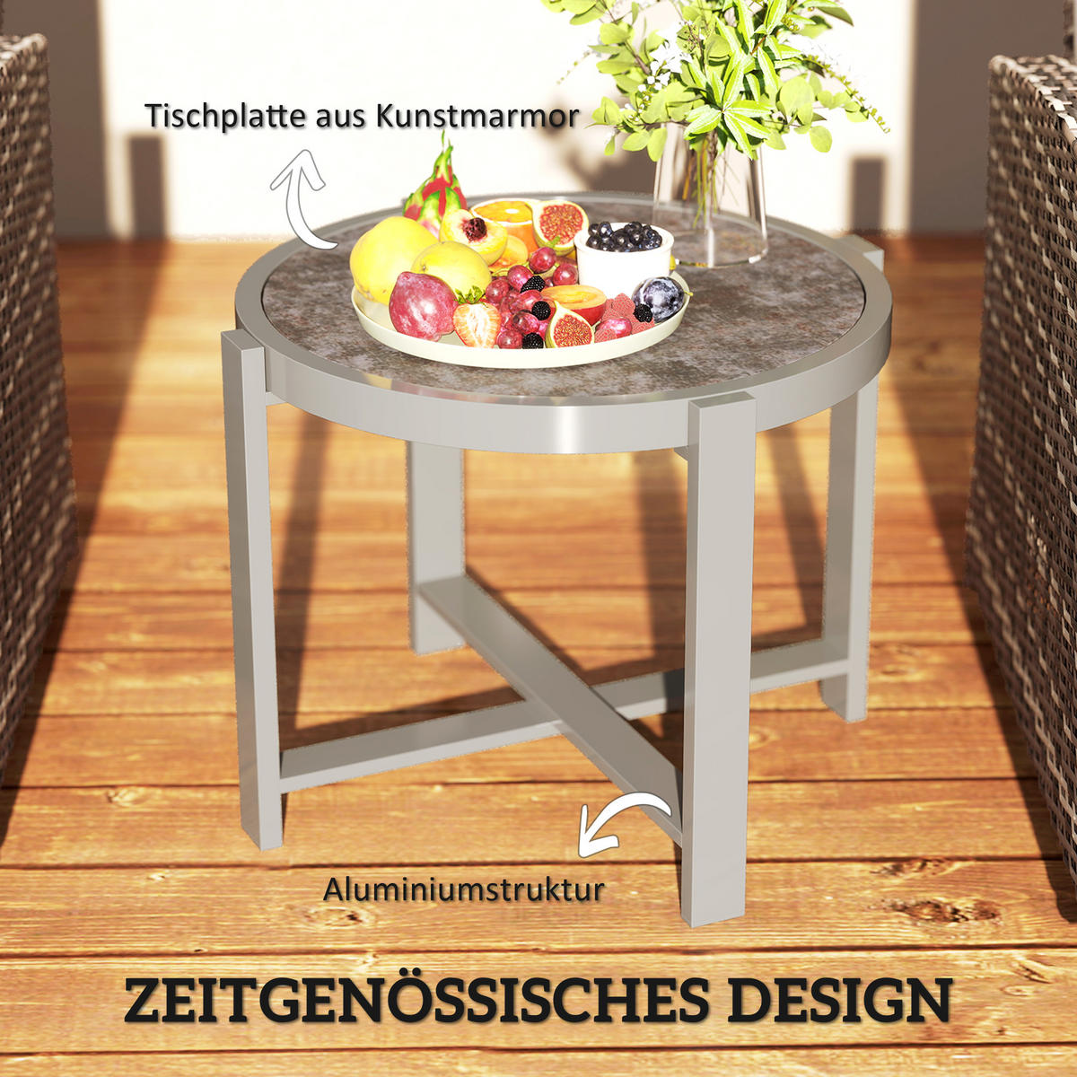 BEISTELLTISCH DE-07281 rund, wetterfest mit Marmoroptik Grau - Grau, Glas/Metall (60/60/46cm) - ComfortXL