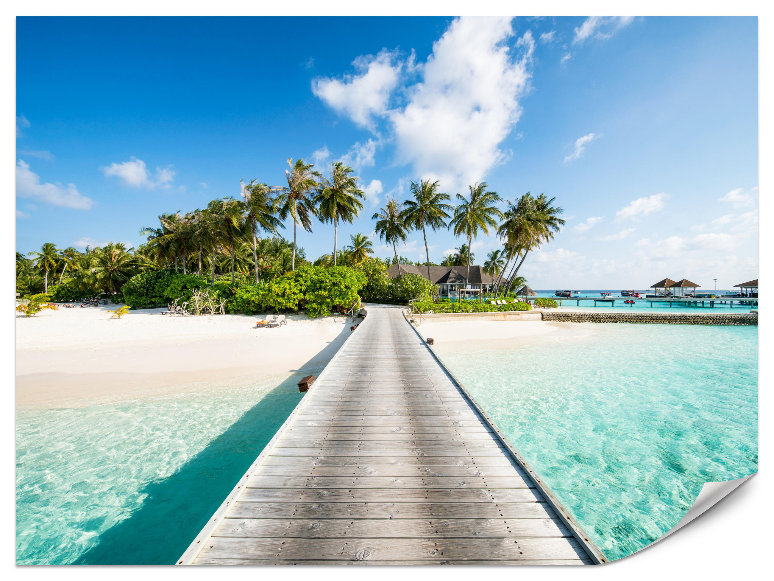 FOTOTAPETE für Schlafzimmer Tropeninsel Steg Palmen Pflanzen 250x175 - Blau/Beige, Papier (250/175cm) - Muralo