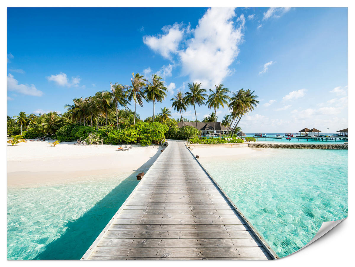 FOTOTAPETE für Schlafzimmer Tropeninsel Steg Palmen Pflanzen 500x350 - Blau/Beige, Papier (500/350cm) - Muralo