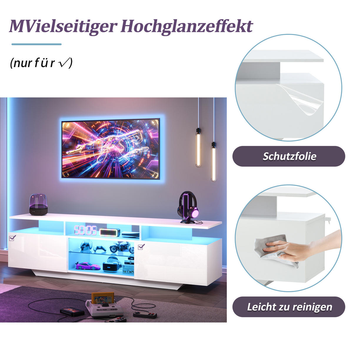 TV-LOWBOARD 160x40x45 cm LED Hochglanz 2 Schränke MDF - Weiß, Holzwerkstoff (40/45/160cm) - FLIEKS