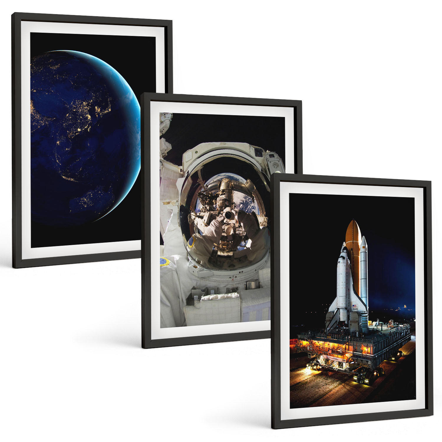 BILDER SET 3er Set - 40x60 cm Schwarzer Rahmen - Weltraum Erde Astronaut Rakete - Schwarz, Kunststoff (40/60cm) - TULUP