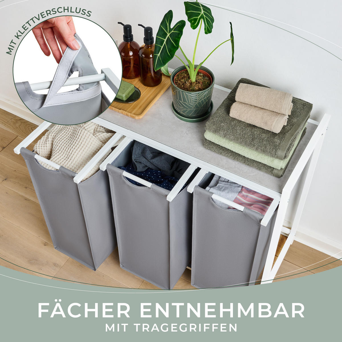 WÄSCHESAMMLER 3 Fächer Grau - Wäschekorb mit Ablage in Beton-Optik - Wäschetrenner 3 Fächer - Grau, Textil (83.5/73/36cm) - Blumtal