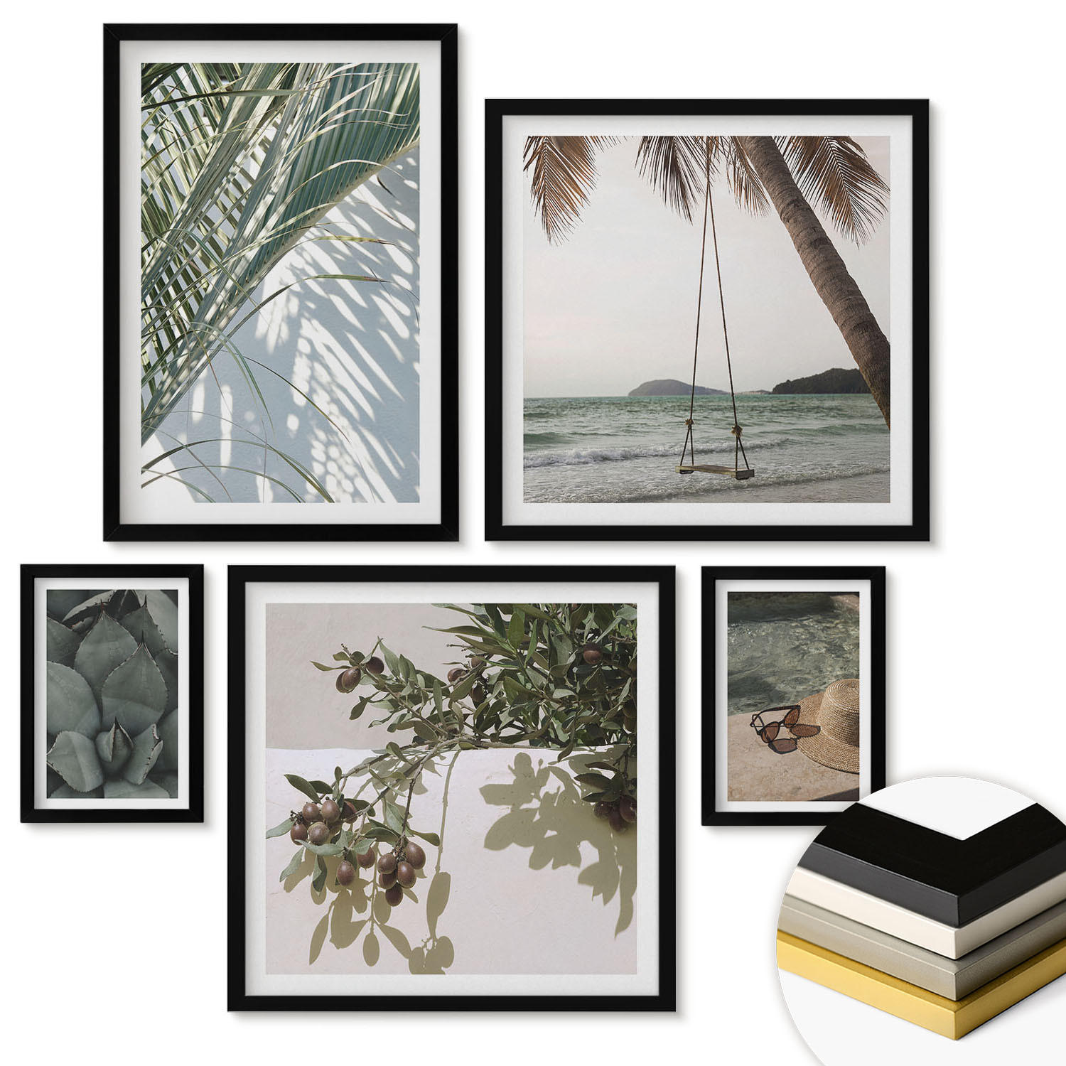 WANDBILDER 5er-Set - 50x50 cm & 20x30 cm & 40x60 cm Schwarzer Rahmen - Tropische Pflanzen für den Urlaub - Schwarz, Kunststoff (40/60cm) - ArtPrintCave
