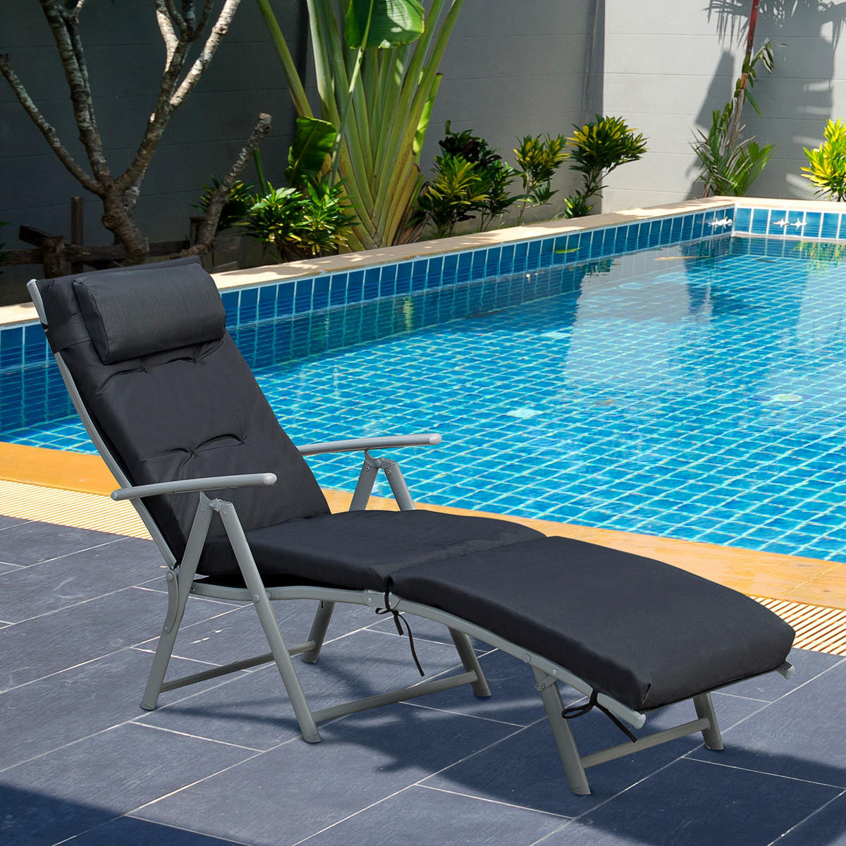 SONNENLIEGE DE-13549 7-fach verstellbar mit Matratze & Armlehnen Schwarz - Schwarz, Metall (63.5/100.5/137cm) - ComfortXL