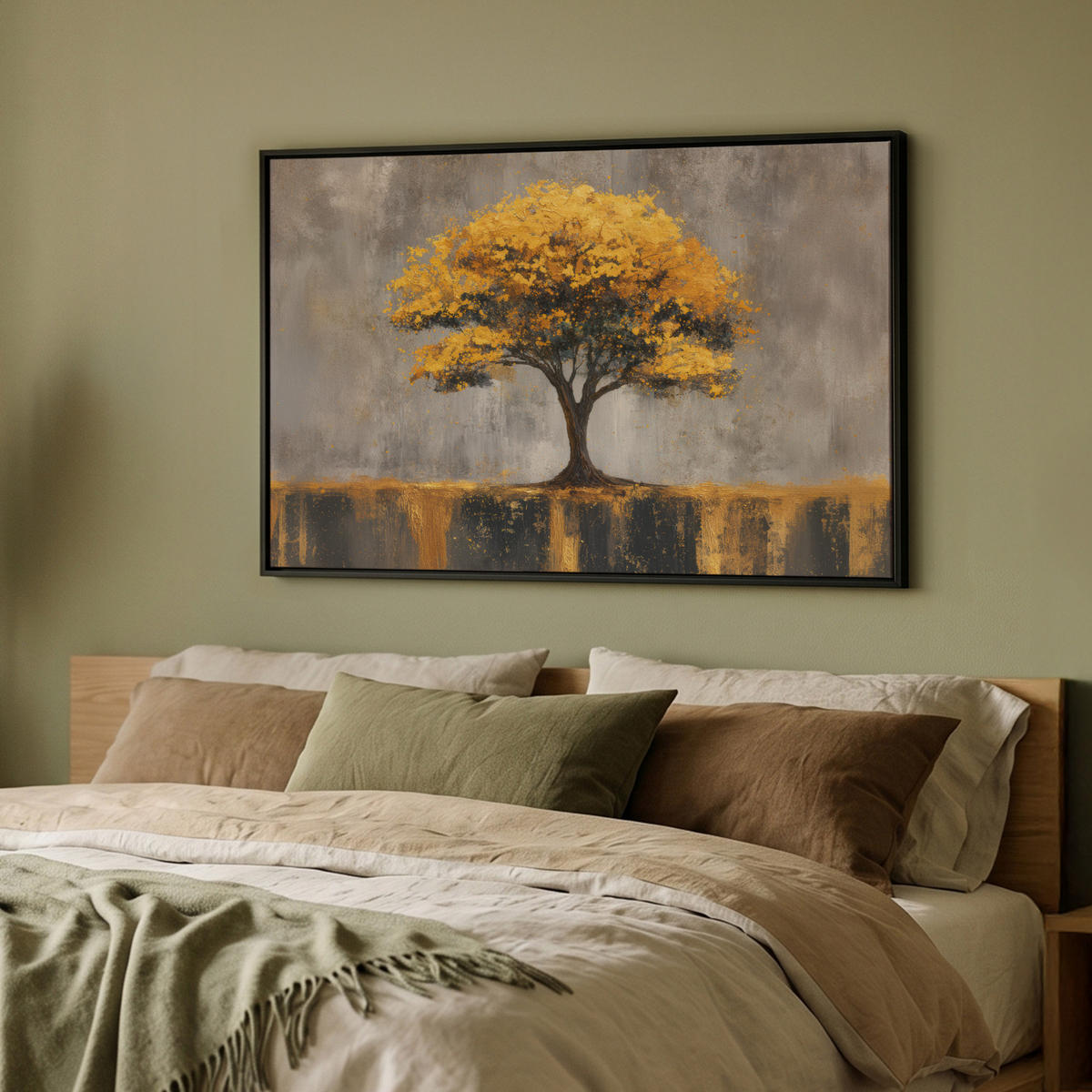 LEINWAND Bilder mit Rahmen - Baum - Blätter - Gold - Abstrakt - 90x60 - Grau, Textil (90/60cm) - MuchoWow