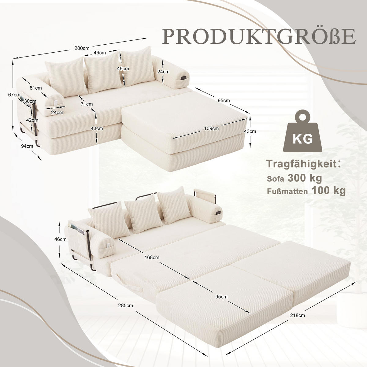 ECKSOFA Cord Beige mit Hocker und Kissen - Beige, Textil/Metall (218/285cm) - WISHDOR