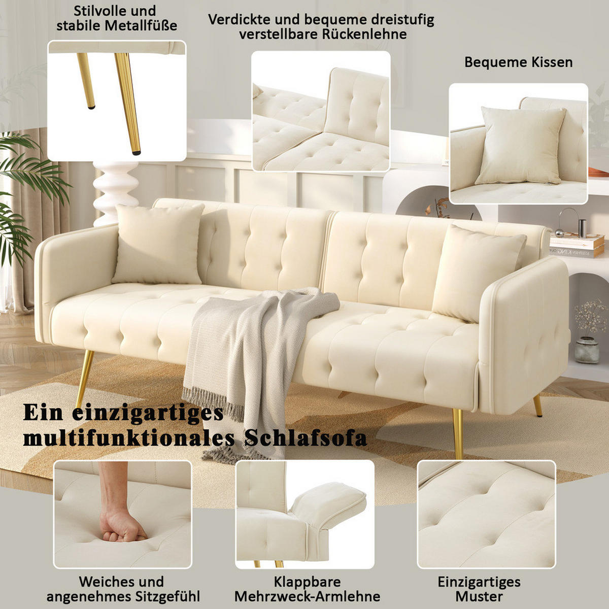 SOFA Zweisitzer Sofabett Velours Verstellbare Lehne Großzügig Schlaffunktion - Beige, Holz (89.92/18.03/80.52cm) - FLIEKS