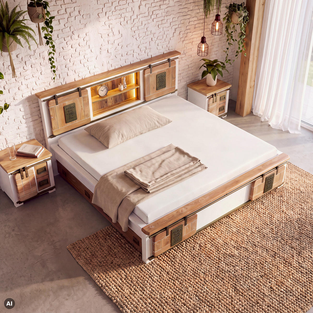BETT mit Schublade Massivholz Mango / Altholz 180 x 200 x 107 weiß RAILWAY LUX #509 - Weiß, Holz (180/200cm) - Massivmoebel24