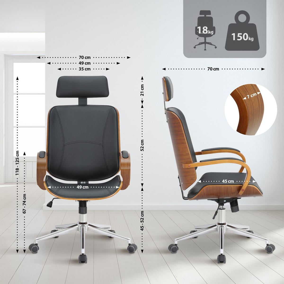 DREHSTUHL Lederlook Walnuss/Schwarz - Walnussfarben/Schwarz, Textil/Metall (70/118/70cm) - CLP