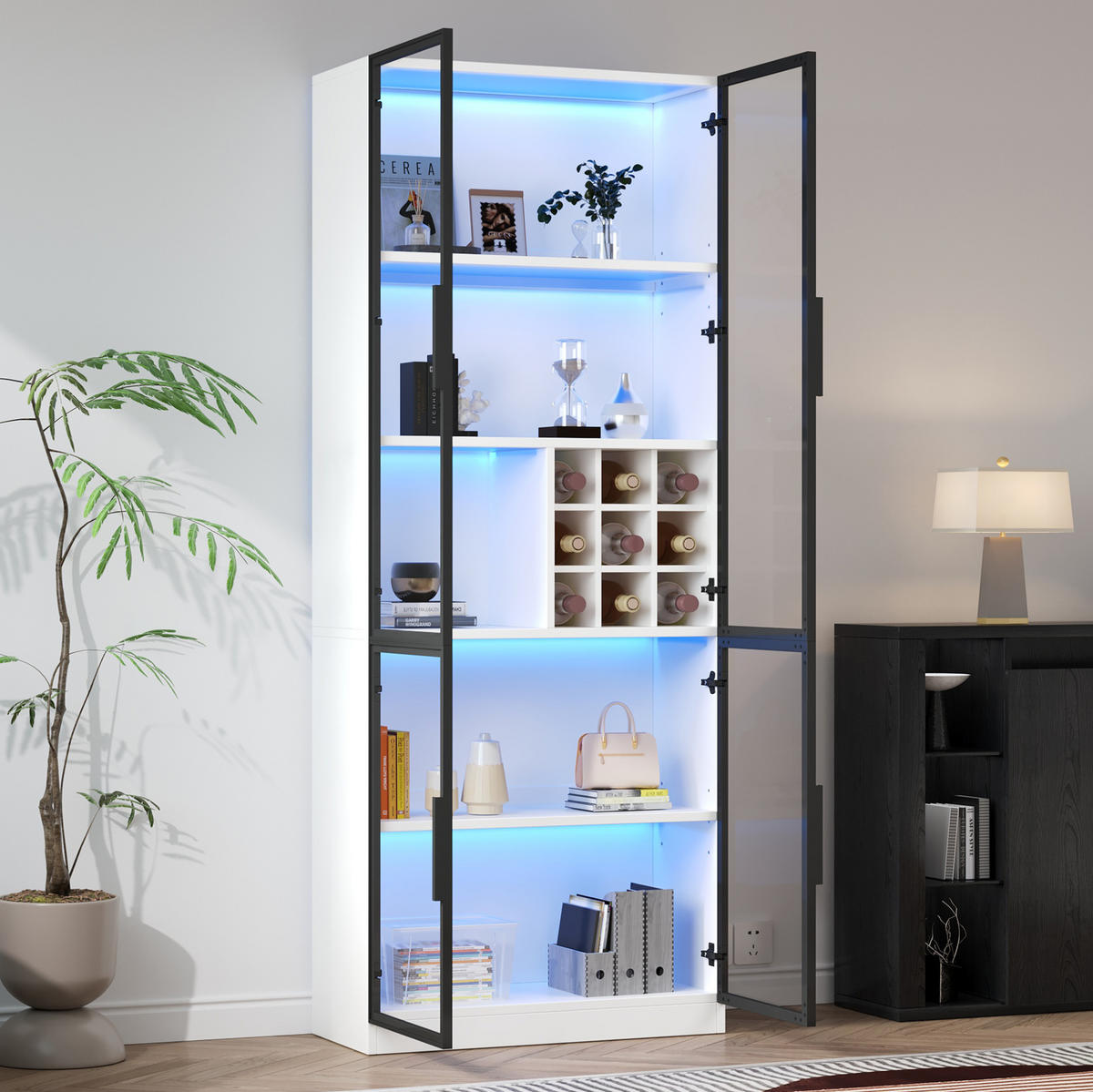 VITRINE 80/35/200 cm aus Spanplatte mit LED-Beleuchtung, App-Steuerung und Weinfach, Weiß - Weiß, Holzwerkstoff (80/200/35cm) - Redom