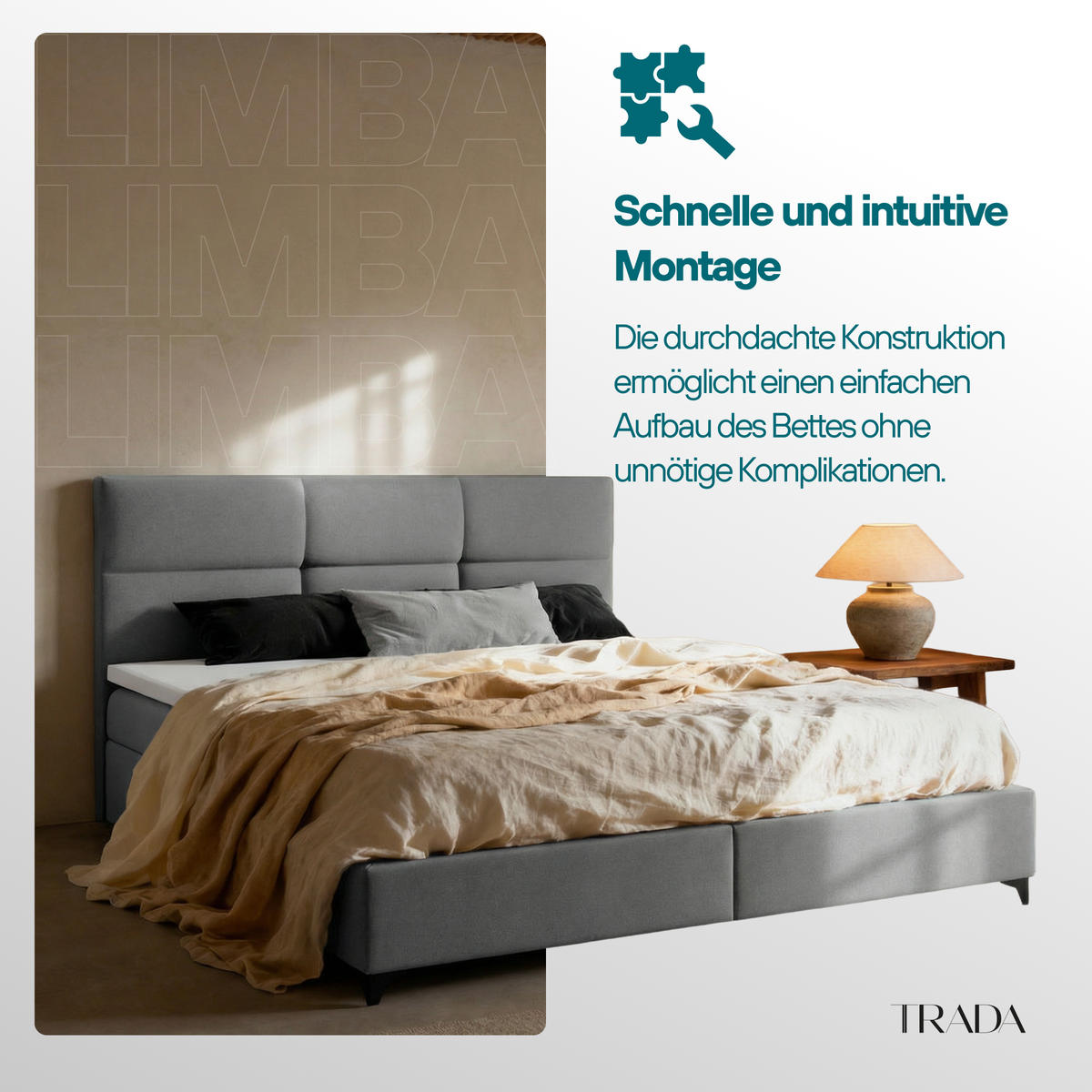 BOXBETT 140 x 200 cm mit Bettkasten und Bonellmatratze H3, LIMBA, mit Topper 5 cm und Metallfüße, Grau - Schwarz/Grau, Holzwerkstoff/Kunststoff (140/200cm) - Trada