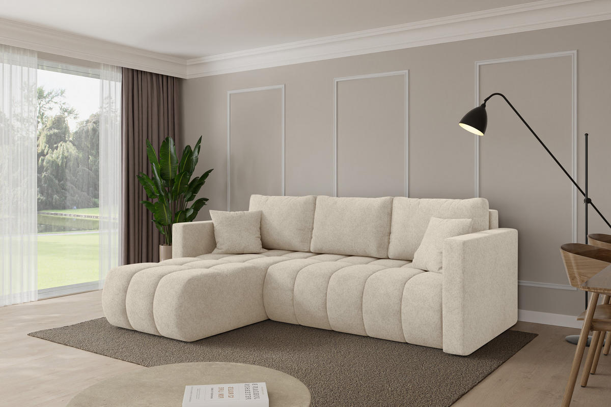 ROHOVÁ SEDAČKA s funkcí spaní, otoman vlevo GARD-L 226x146x85 krémová velur - černá/krémová, kompozitní dřevo/textil (226/146cm) - ALTDECOR